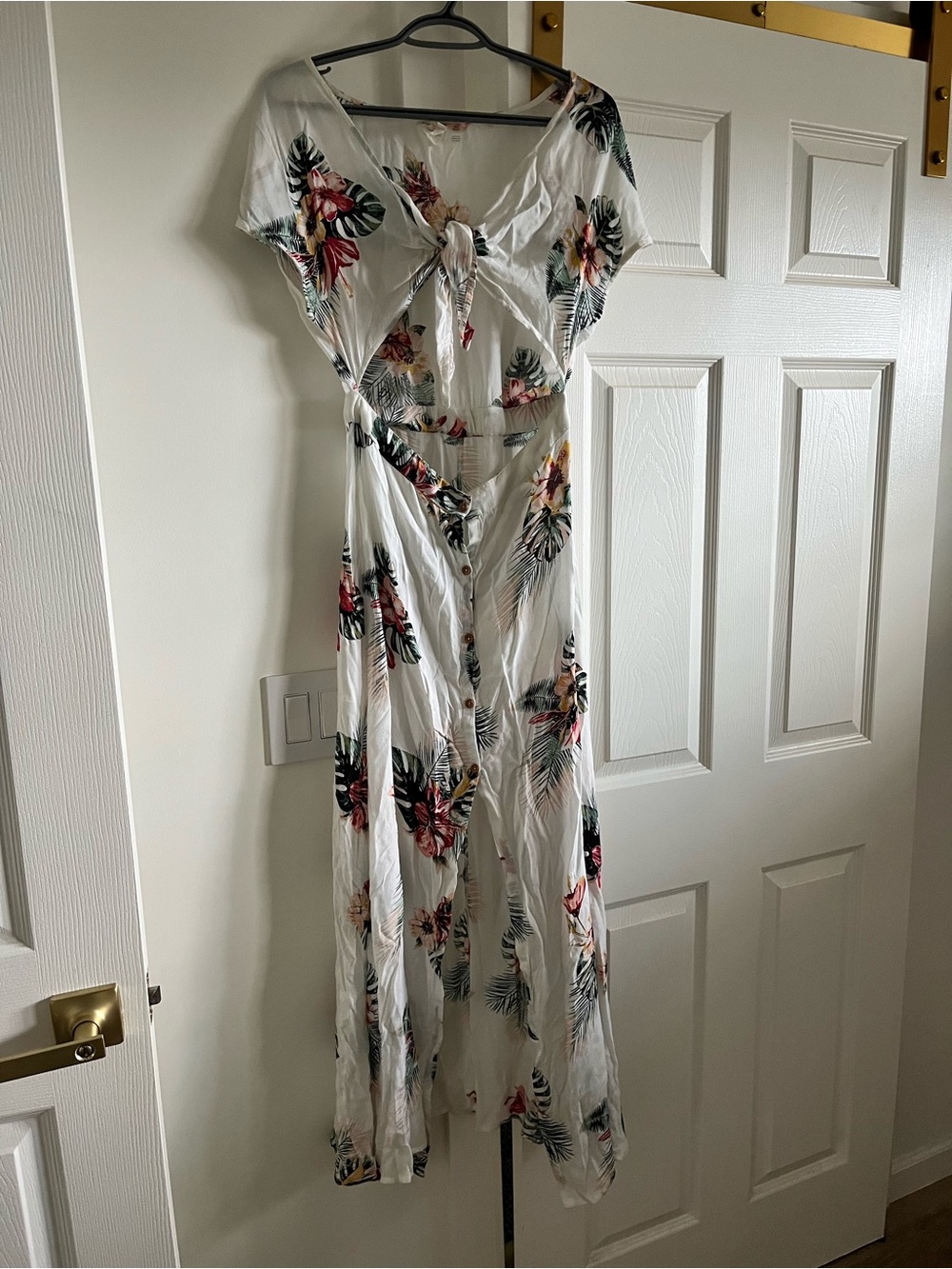 Roxy White Tropical Floral Tie-Front Maxi Dress with Pink & Green Accents